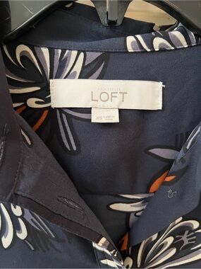LOFT Navy Floral Button-Down Blouse with White and Orange Accents